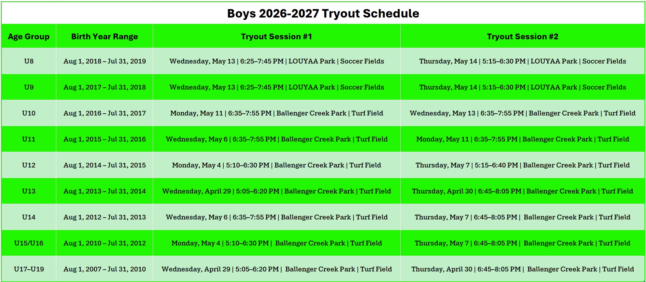 Boys 2026-2027 Tryout Schedule