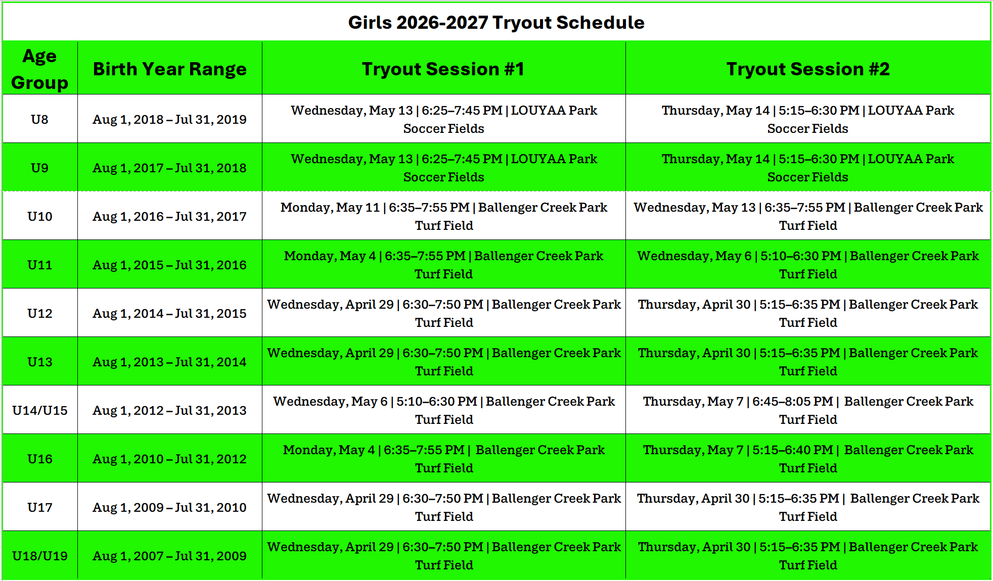 Girls 2026-2027 Tryout Schedule Update
