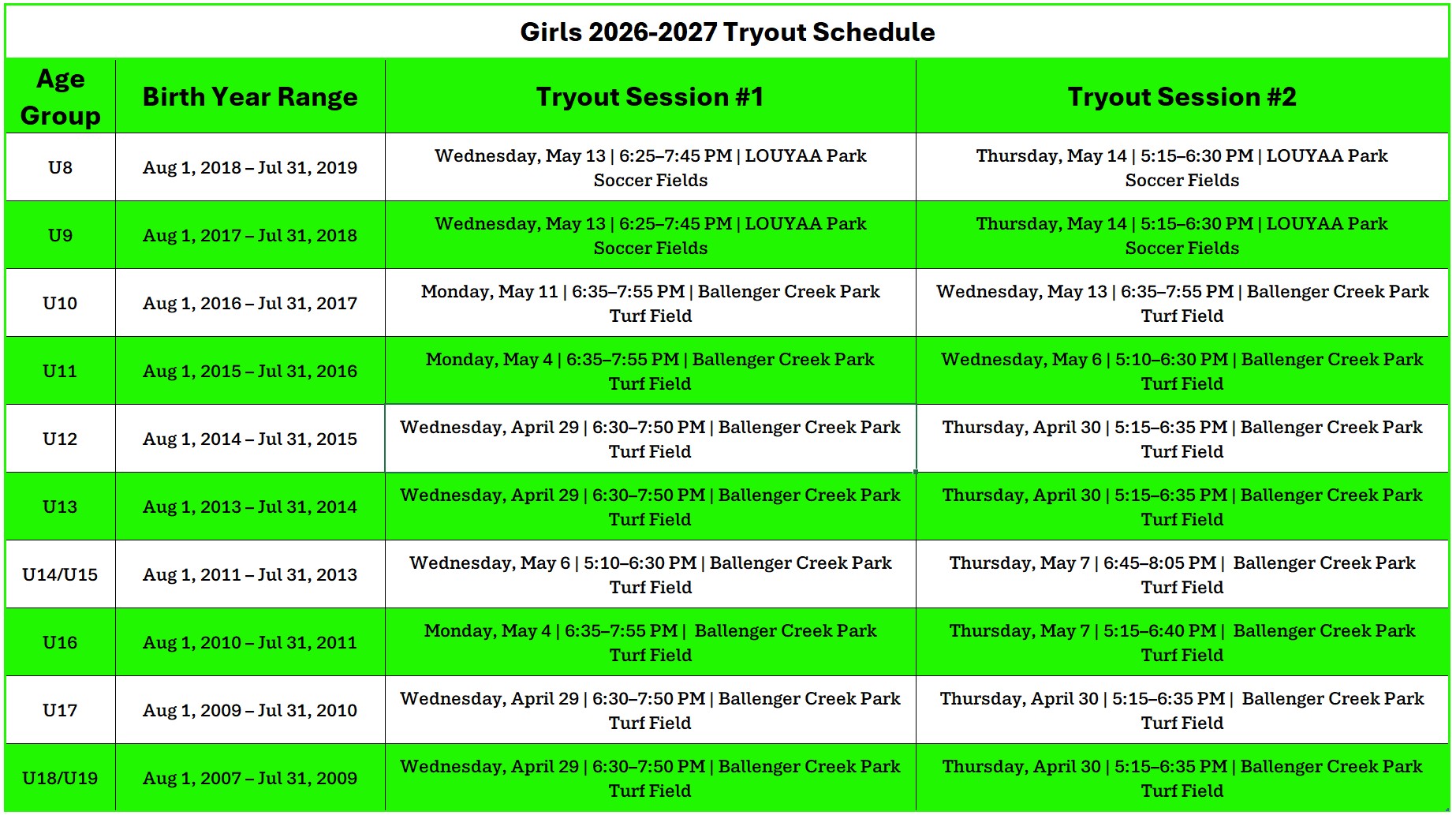 Girls Tryout Chart 2026-2027